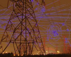 Base Load Image showing hydro towers with bubble chamber tracks suggesting nuclear power and energy waste